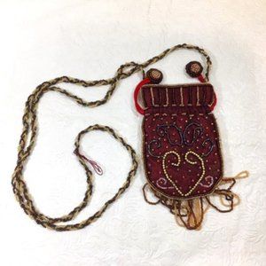 Handmade Beaded Red Drawstring Evening Mini Bag Pouch Purse Crossbody 3.5x5.5